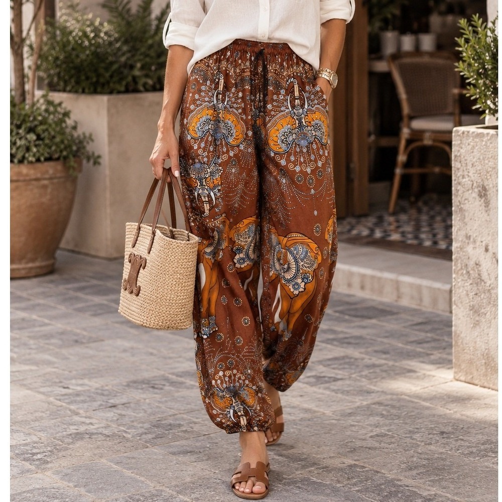 Earthbound Trading Co Brown Elephant Print Harem Rayon Pants Boho Joggers Medium